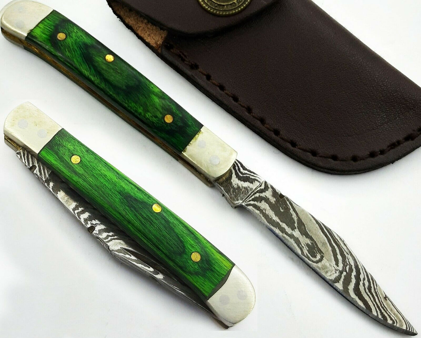 Mini Trapper Pocket Knife Folding Handmade Damascus Steel  "Green Wood Handle"