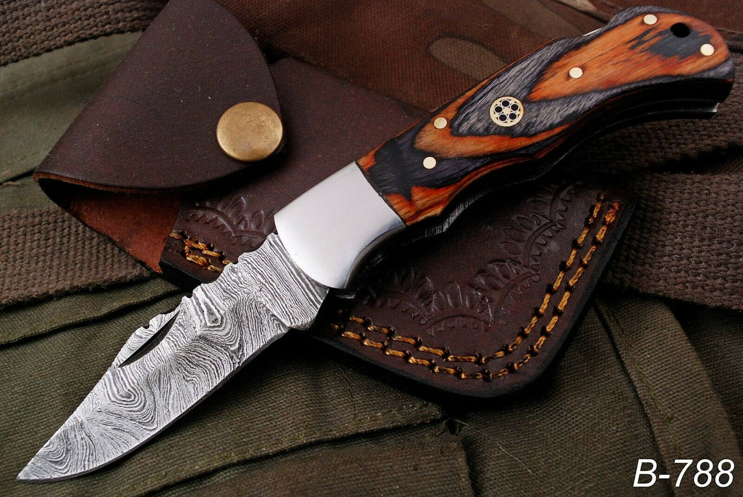 HAND FORGED DAMSACUS Steel Lockback Folding Pocket Knife Multicolor Wood Handle