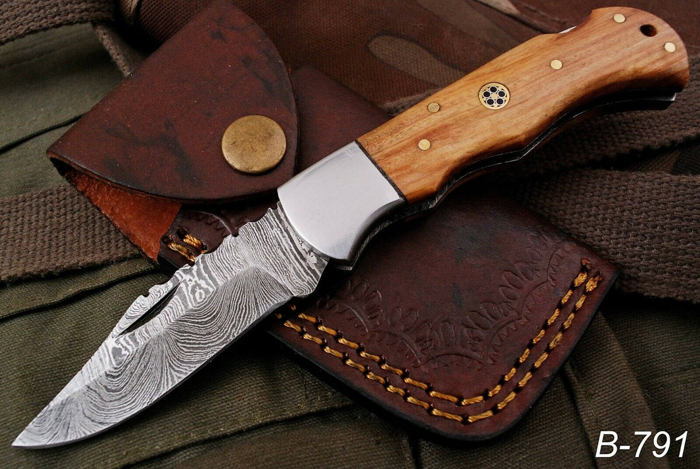 HAND FORGED DAMSACUS Steel Lockback Folding Pocket Knife Olive Wood Handle