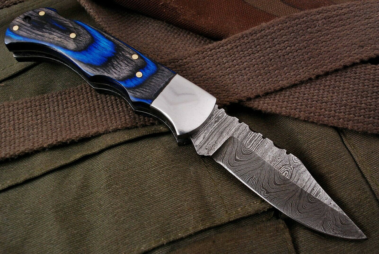 HAND FORGED DAMSACUS Steel Lockback Folding Pocket Knife Blue Wood Handle