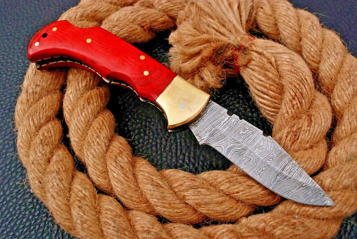 HAND FORGED Damascus Steel Lockback Folding Pocket Knife with Red Wood Handle