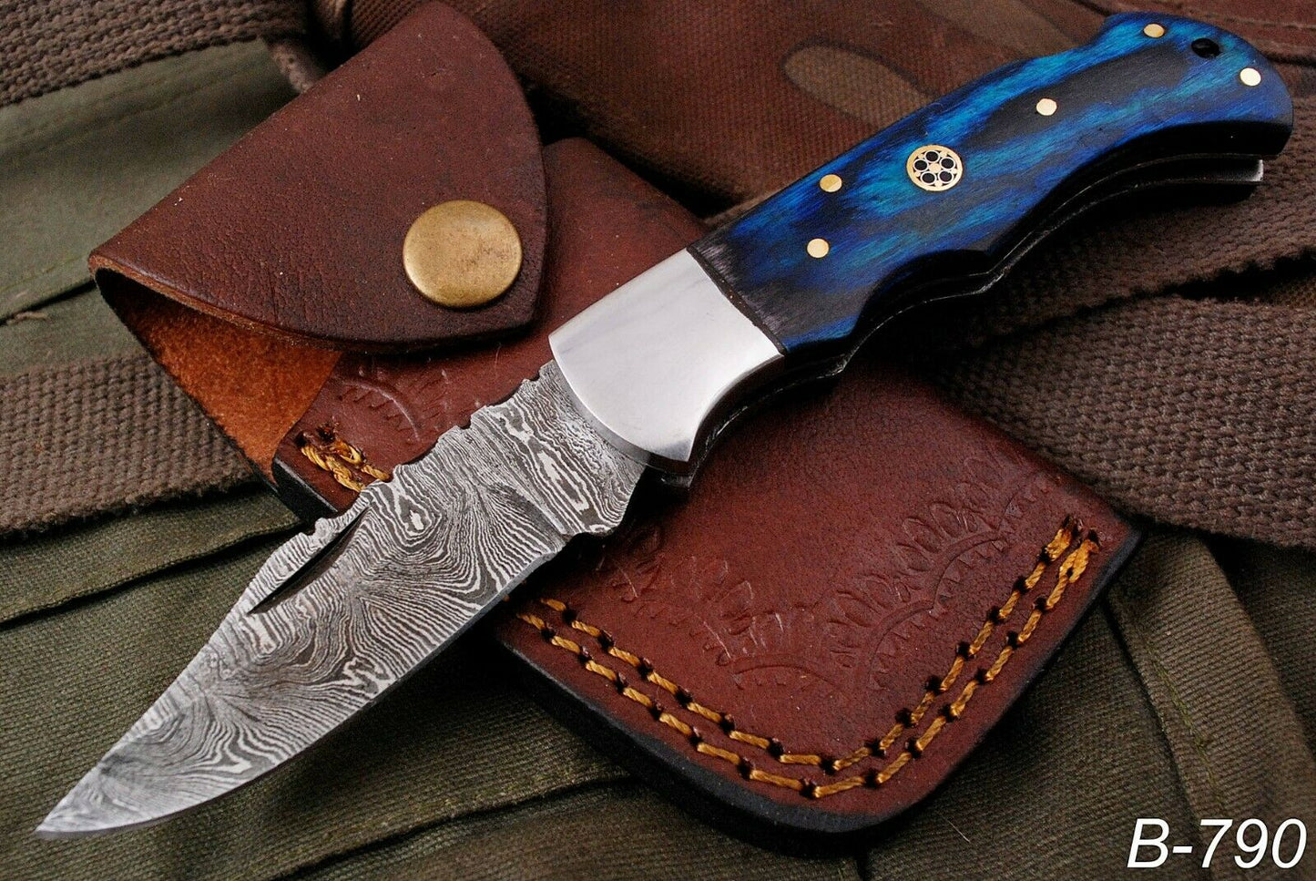 HAND FORGED DAMSACUS Steel Lockback Folding Pocket Knife Blue Wood Handle