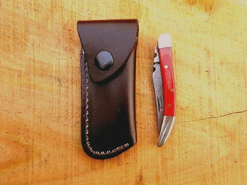 Custom Handmade Damascus Steel Texas Toothpick Folding Pocket Knife With Sheath