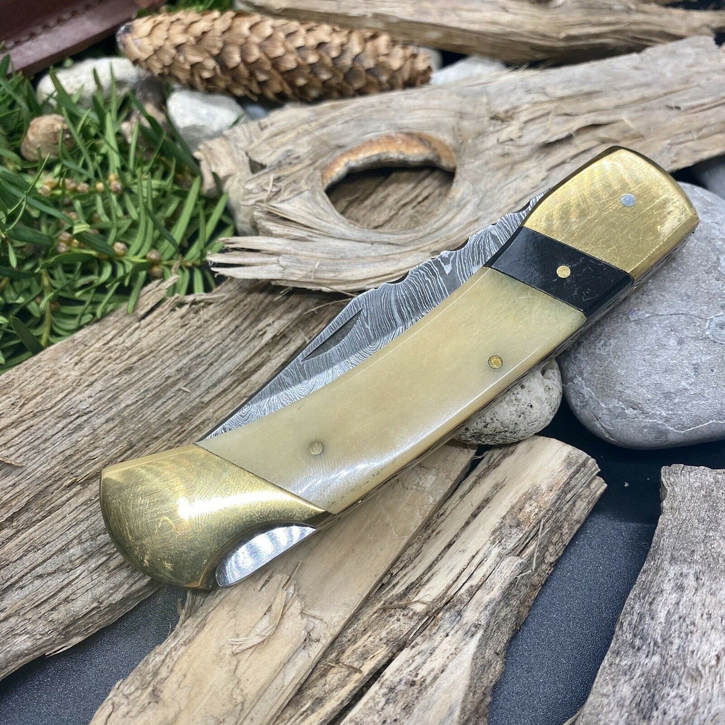 Custom HAND FORGED Damascus Steel Back Lock Folding Pocket Knife Bone Handle