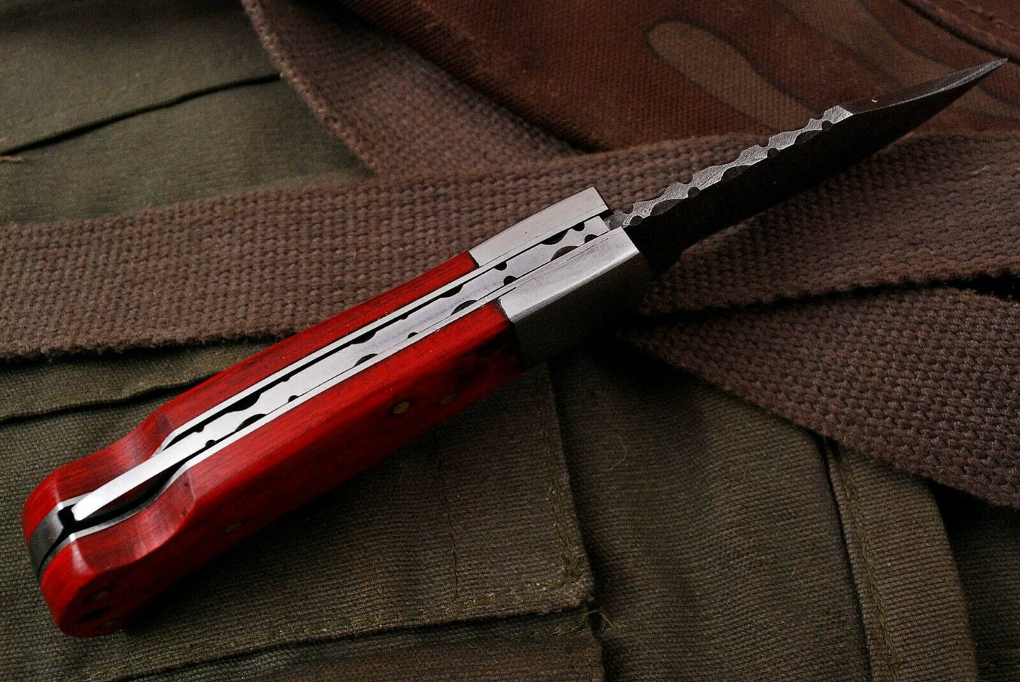 HAND FORGED DAMSACUS Steel Lockback Folding Pocket Knife Red Wood Handle
