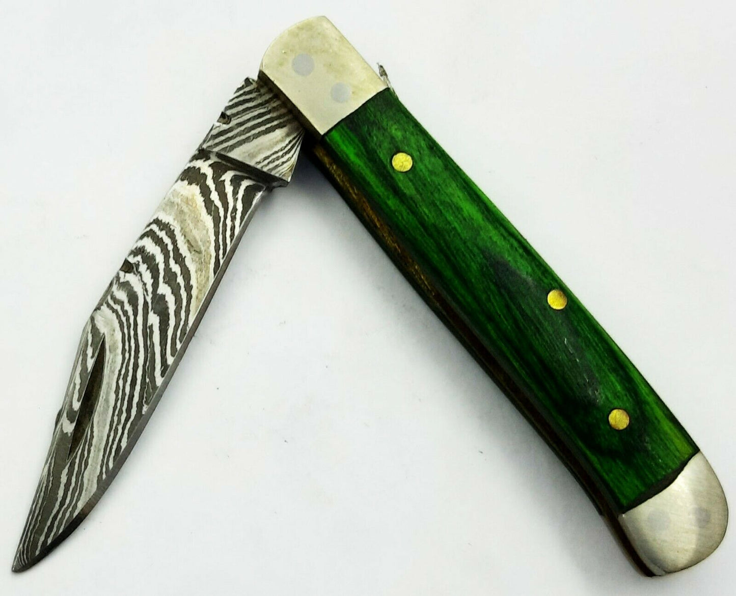 Mini Trapper Pocket Knife Folding Handmade Damascus Steel  "Green Wood Handle"