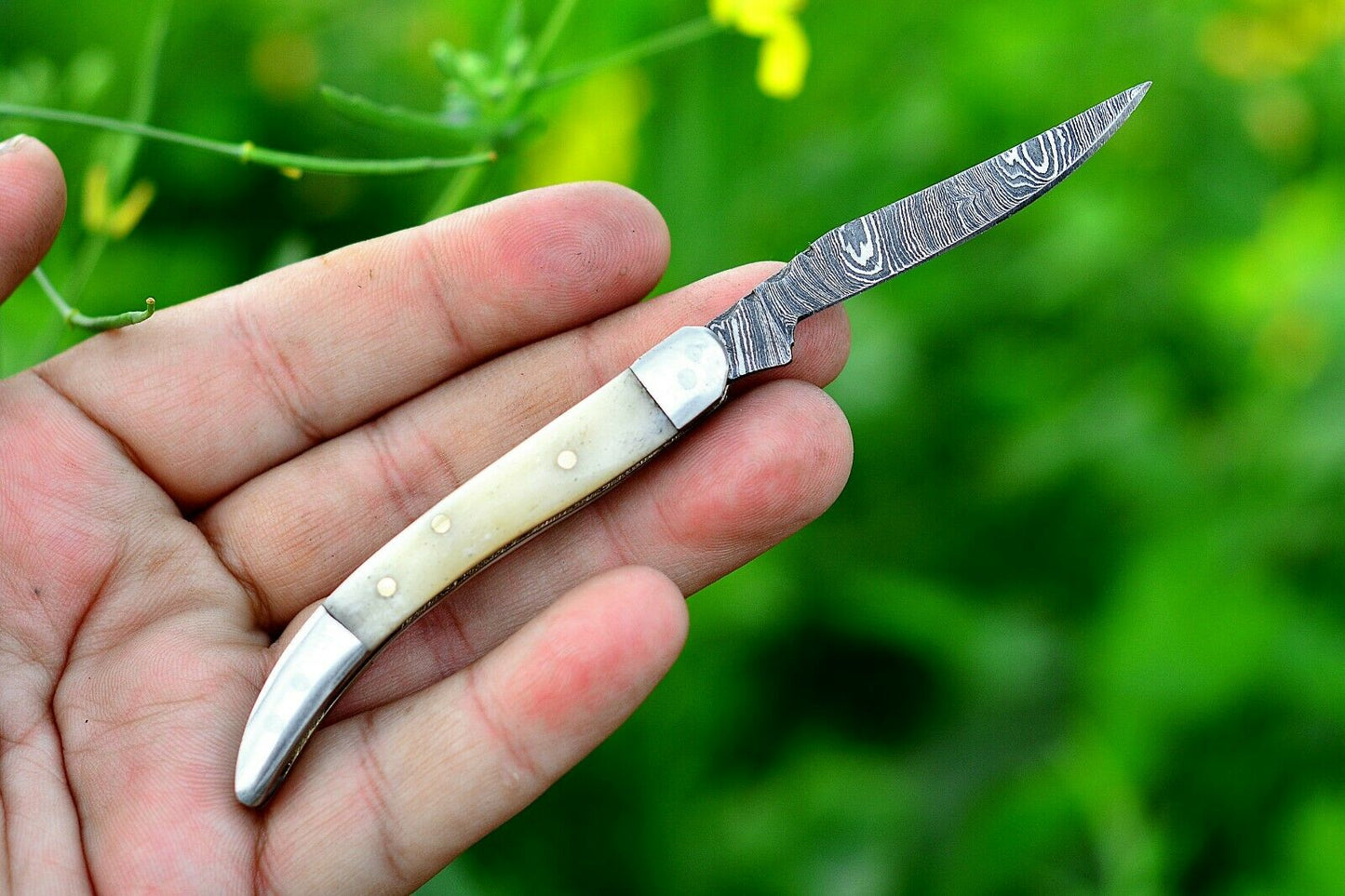 Texas Toothpick Handmade Damascus Steel Folding Pocket Knife "Camel Bone Handle"