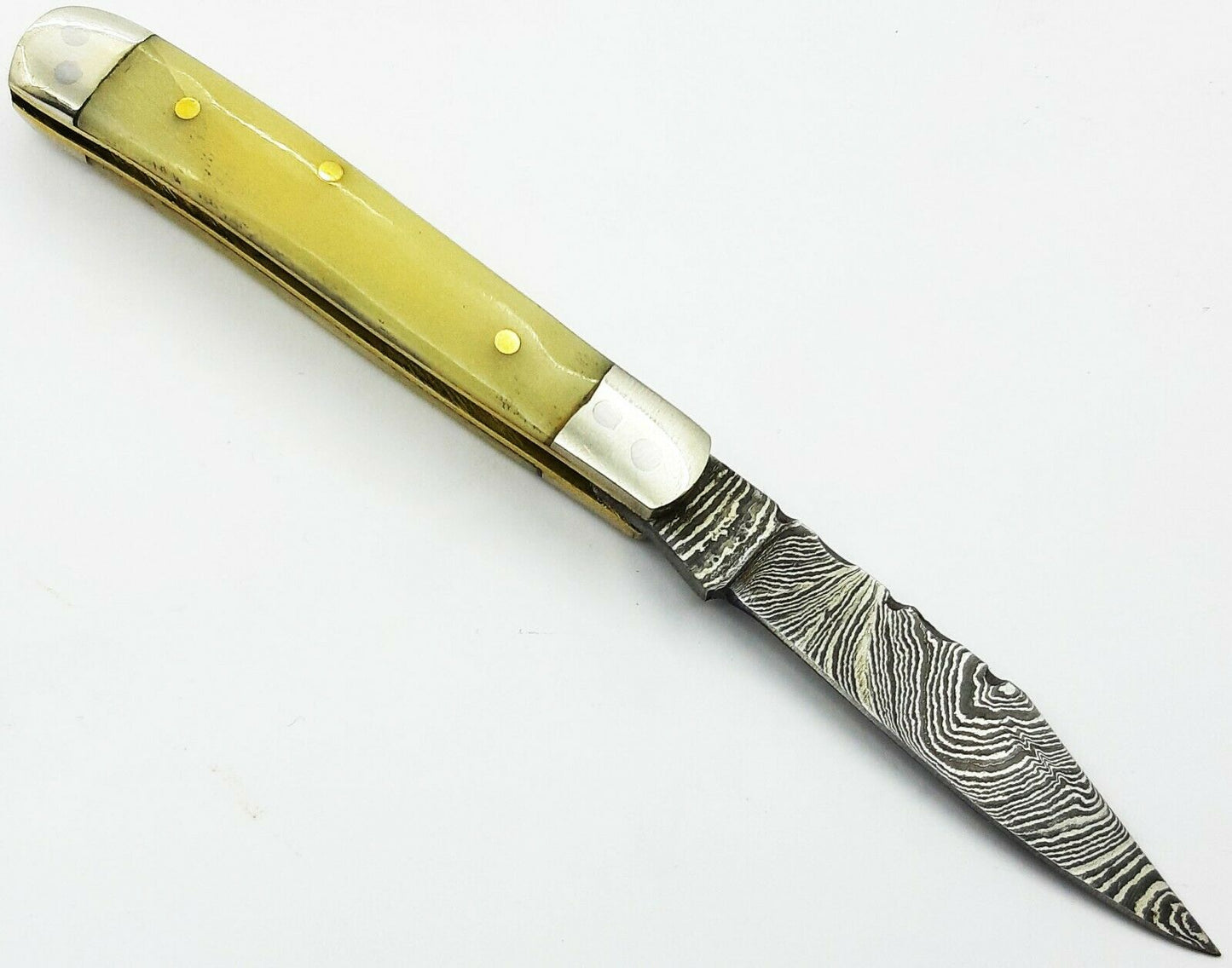Mini Trapper Pocket Knife Folding Handmade Damascus Steel  "Camel Bone Handle"