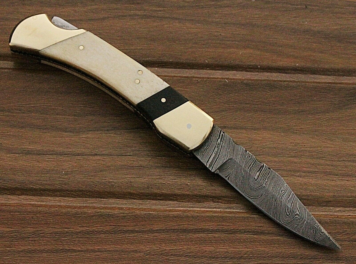 Custom HAND FORGED Damascus Steel Back Lock Folding Pocket Knife Bone Handle