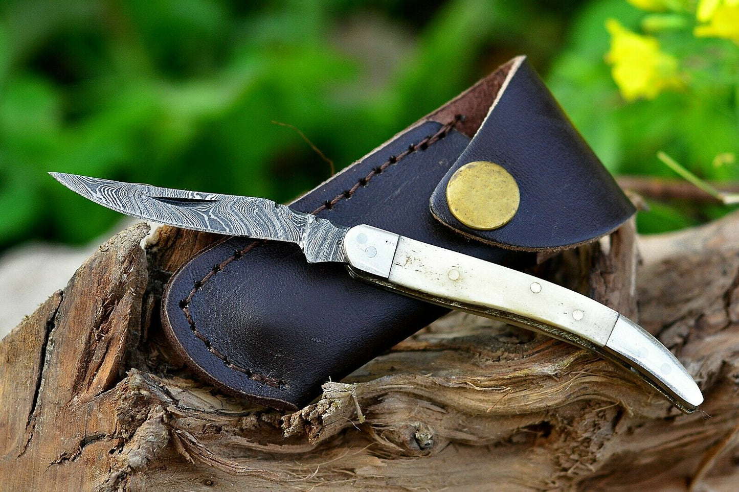 Texas Toothpick Handmade Damascus Steel Folding Pocket Knife "Camel Bone Handle"