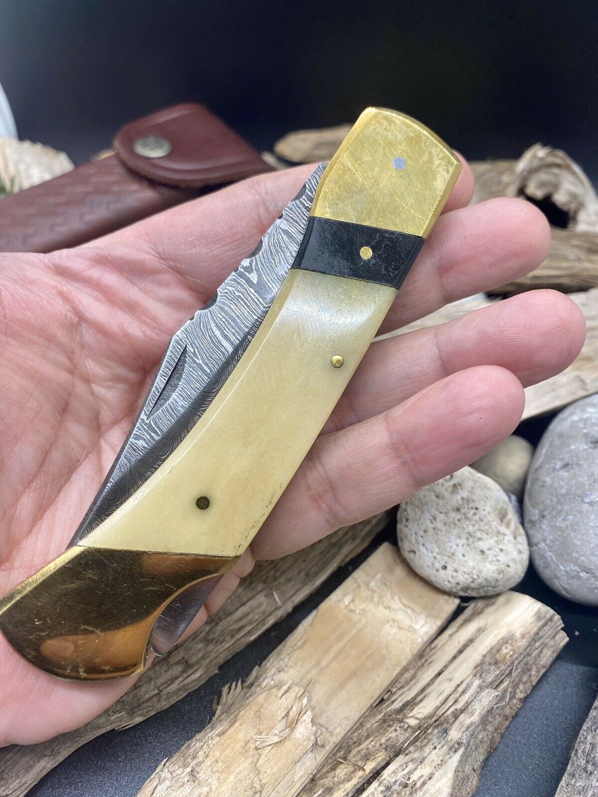 Custom HAND FORGED Damascus Steel Back Lock Folding Pocket Knife Bone Handle