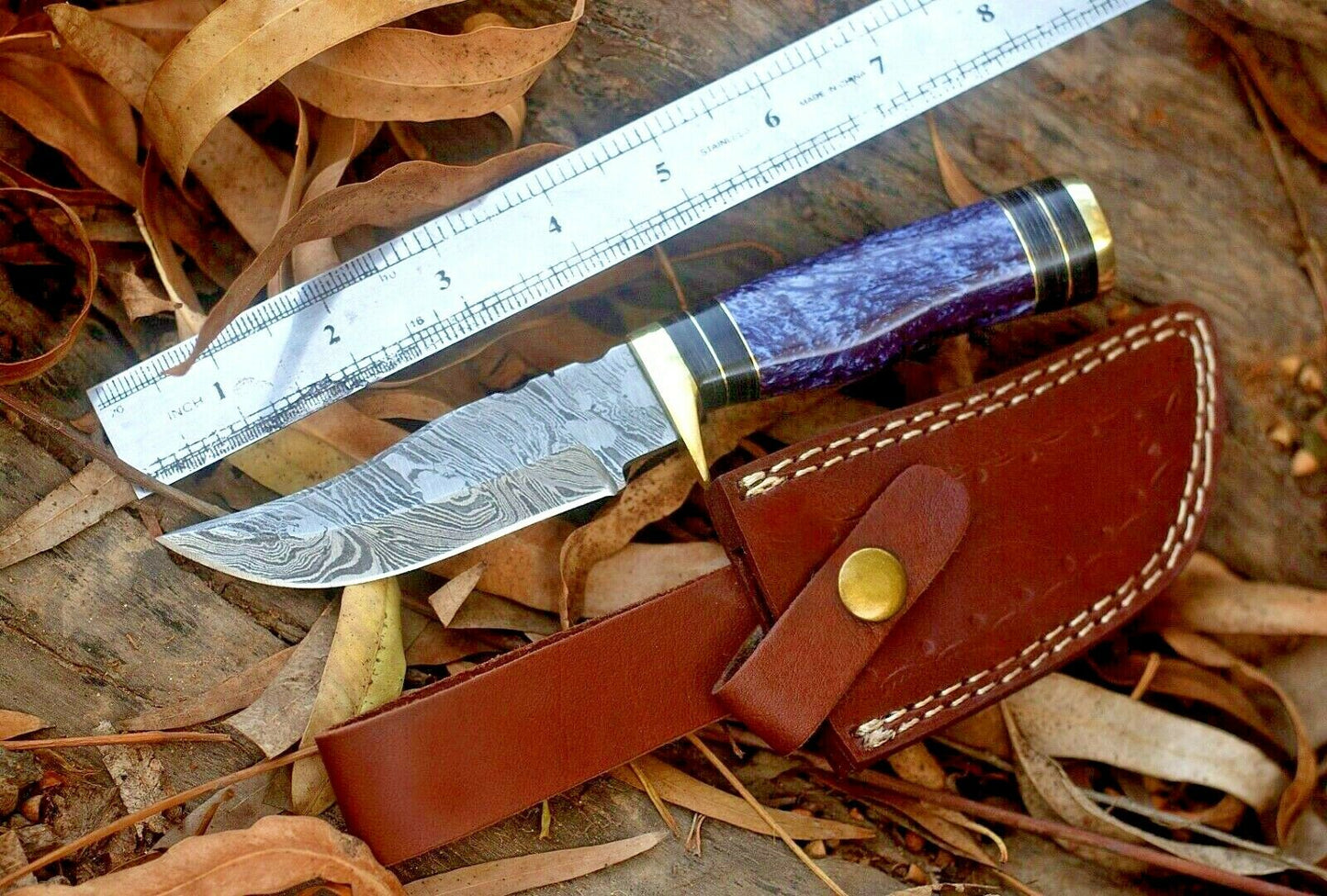CUSTOM HANDMADE FORGED DAMASCUS Steel Hunting Knife W/Resin & Brass Guard Handle