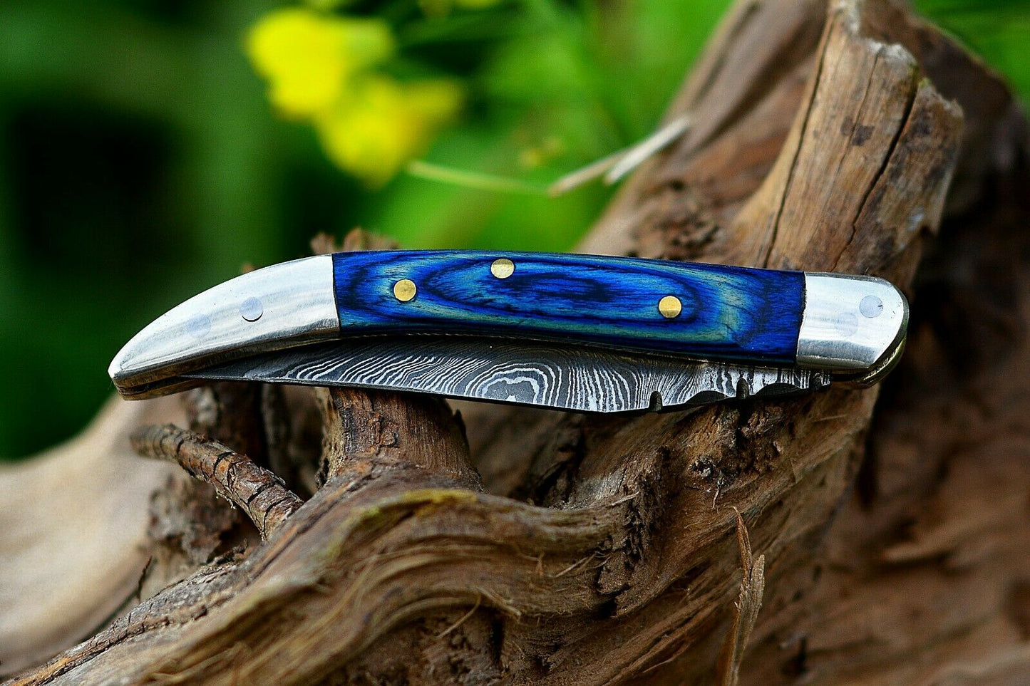 Texas Toothpick Handmade Damascus Steel Folding Pocket Knife "Blue Wood Handle"