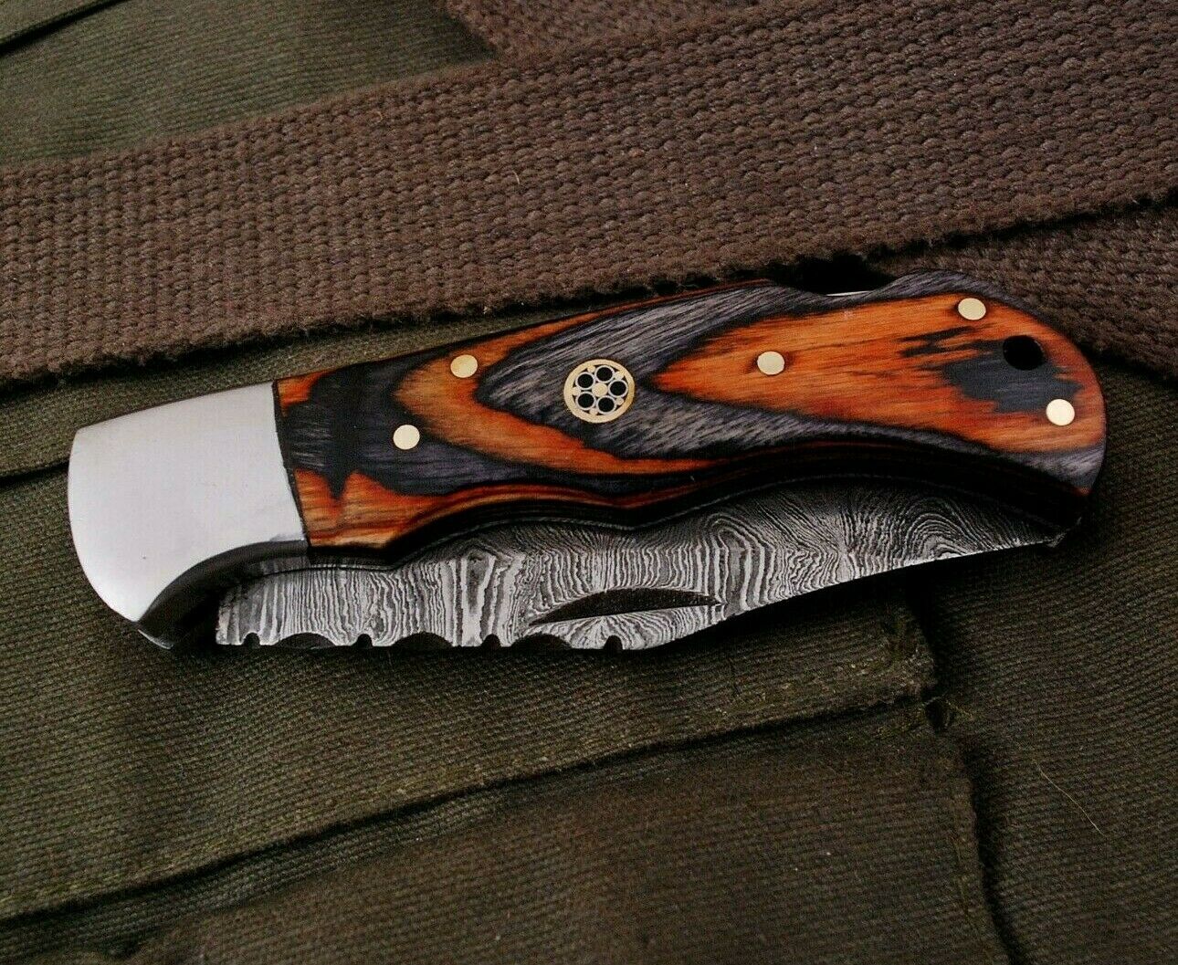 HAND FORGED DAMSACUS Steel Lockback Folding Pocket Knife Multicolor Wood Handle