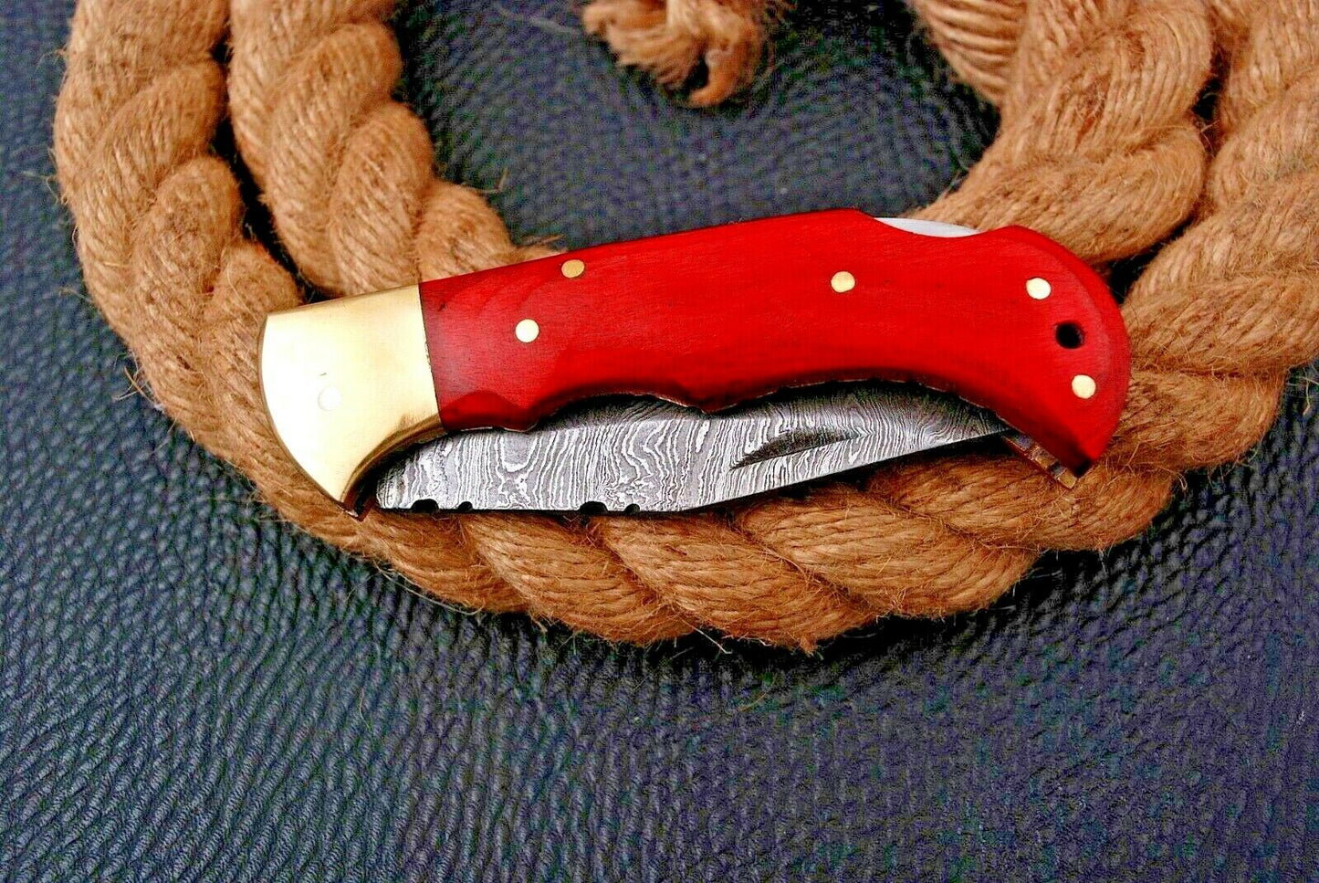 HAND FORGED Damascus Steel Lockback Folding Pocket Knife with Red Wood Handle
