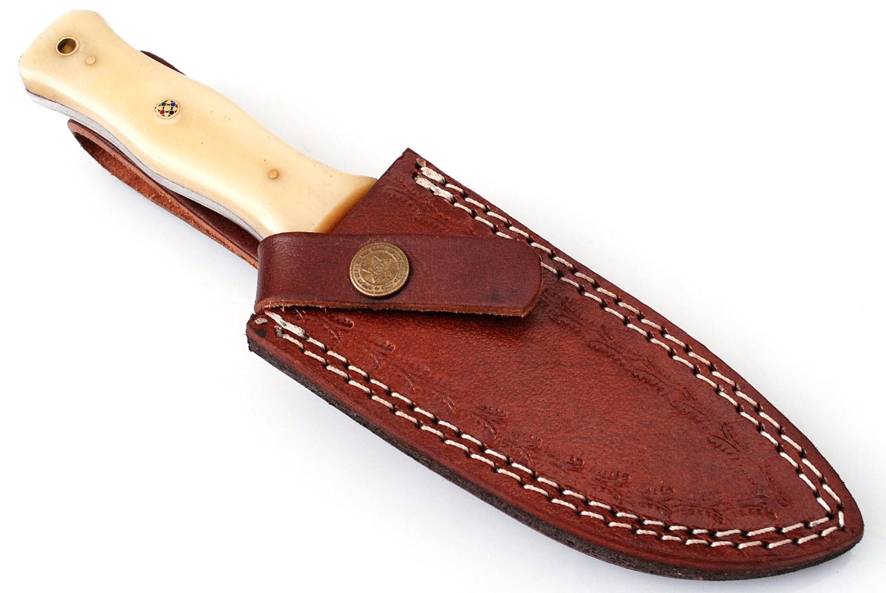 8.5" Custom Handmade Forged Damascus Steel Hunting Fixblade knife camel Bone Handle Come With Genuine Leather Sheath FS119