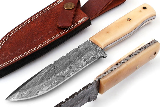 8.5" Custom Handmade Forged Damascus Steel Hunting Fixblade knife Camel Bone Handle Come With Genuine Leather Sheath FS120