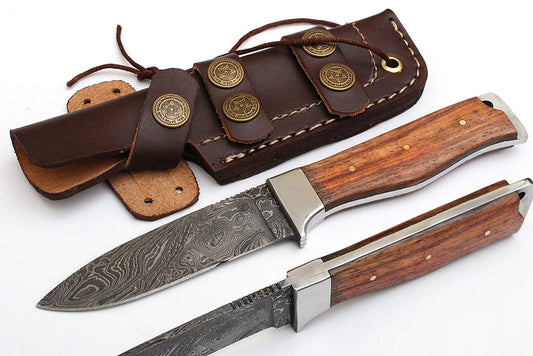 8.5" Custom Hand Forged Damascus Steel Hunting Fixblade Knife Steel Bolster & Rose Wood Handle Come With Genuine Leather Sheath FS130