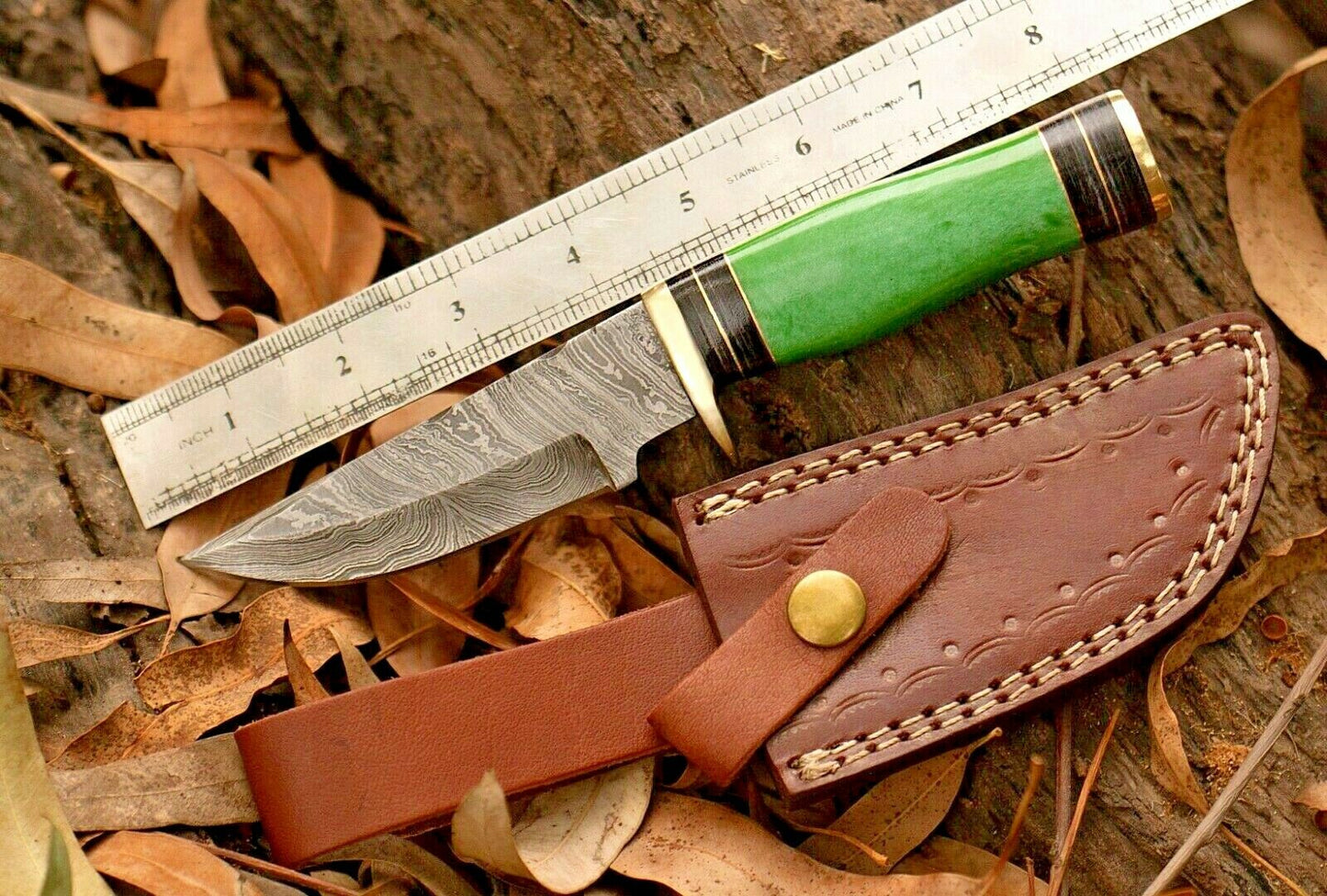 Custom Hand Forged Damascus Steel Hunting  Skinner Knife With Resin & Brass Guard Handle 12