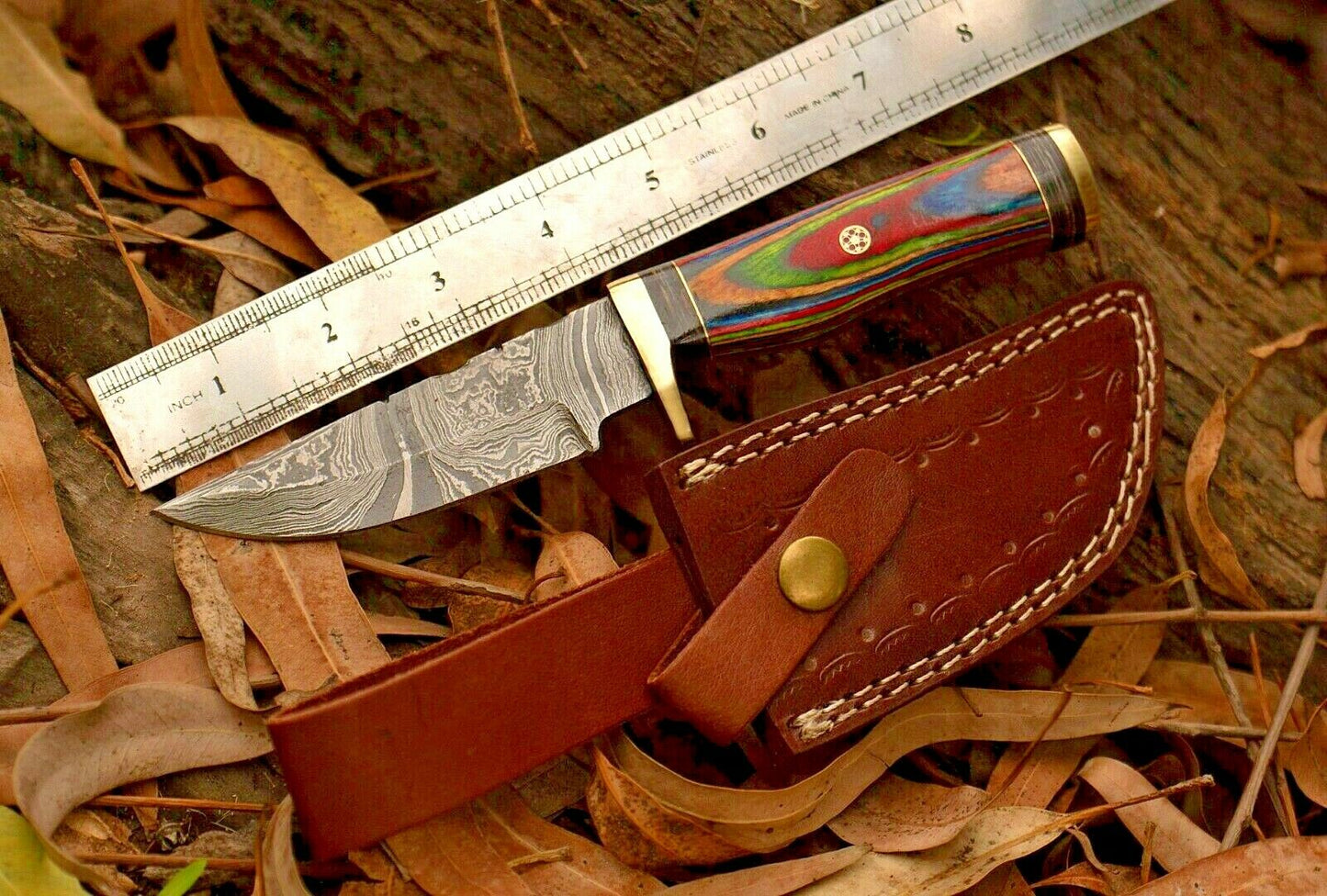 Custom Hand Forged Damascus Steel Hunting  Skinner Knife With Wood & Brass Guard Handle 26